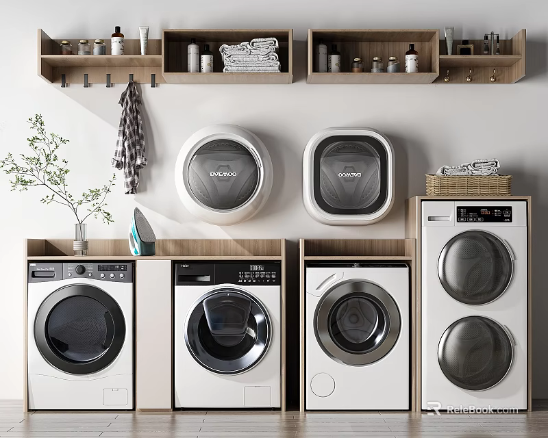 Collection Of Modern Washing Machines Featuring Sleek Bodies Digital Displays And Decorative Shelves 3d model 