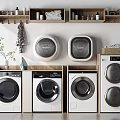 Collection Of Modern Washing Machines Featuring Sleek Bodies Digital Displays And Decorative Shelves