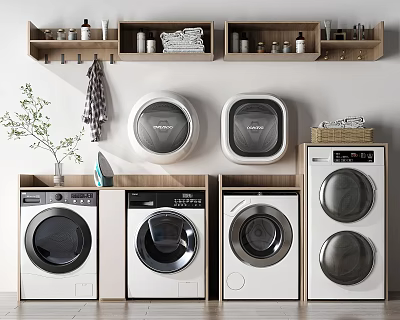 Collection Of Modern Washing Machines Featuring Sleek Bodies Digital Displays And Decorative Shelves 3d model
