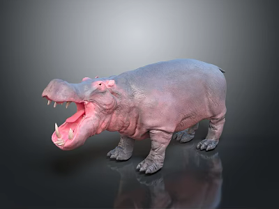 Hippo Model With Open Mouth On Dark Background And Reflection 3d model
