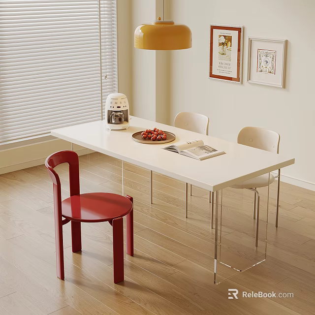 Modern Dining Table Set With White Table Red Chair Fruit Plate And Wall Art 3d model