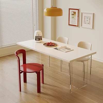 Modern Dining Table Set With White Table Red Chair Fruit Plate And Wall Art 3d model