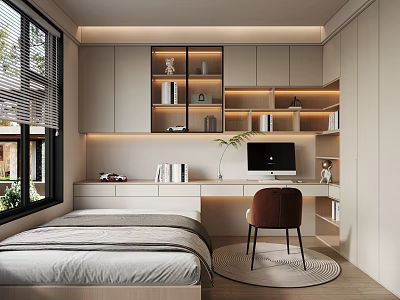 Tatami Bedroom Modern Interior Design With Tatami Bed Desk Computer Bookshelves And Window Blinds 3d model