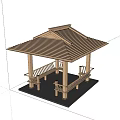 Wooden Garden Pavilion Featuring Four-Sided Roof and Benches Under Blue Sky White Clouds