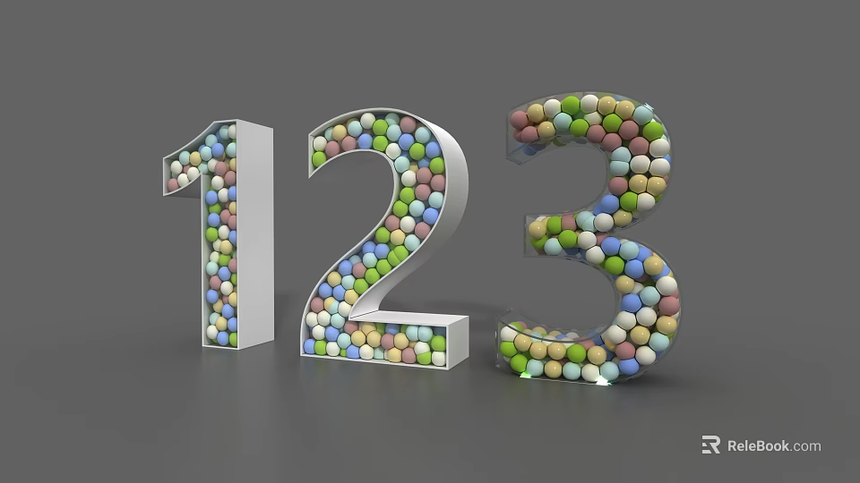 3D Decorative Number 123 Constructed With Colorful Small Balls on Gray Background 3d model 