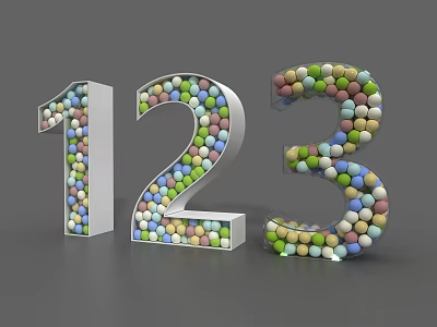 3D Decorative Number 123 Constructed With Colorful Small Balls on Gray Background 3d model