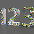 3D Decorative Number 123 Constructed With Colorful Small Balls on Gray Background