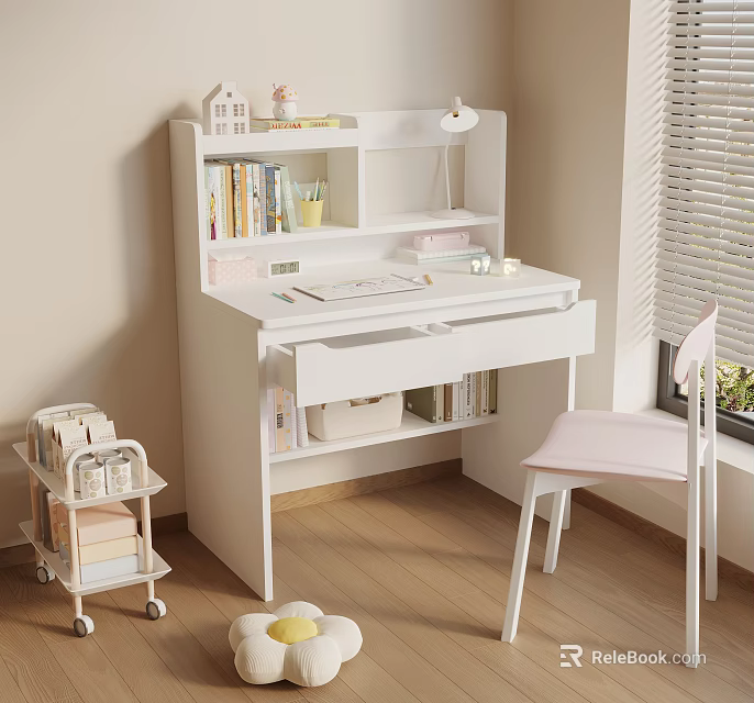 Cozy White Desk With Bookshelf Books Stationery Wheeled Cart And Pink Chair Near Window Blinds 3d model 