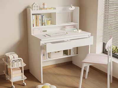 Cozy White Desk With Bookshelf Books Stationery Wheeled Cart And Pink Chair Near Window Blinds 3d model