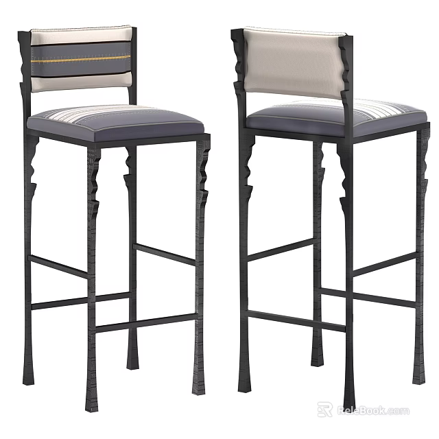 Stylish Modern Bar Stools With Black Metal Frame And Padded Striped Seats 3d model 