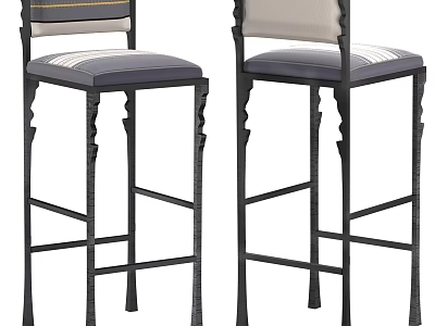Stylish Modern Bar Stools With Black Metal Frame And Padded Striped Seats 3d model