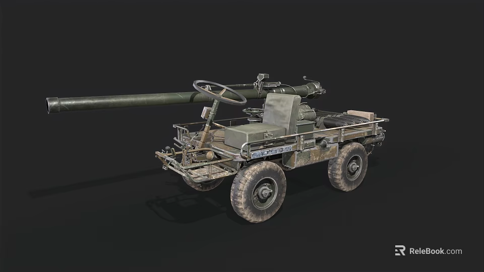 Military Wheeled Artillery Vehicle With Long Cannon And Green Camouflage Body 3d model 
