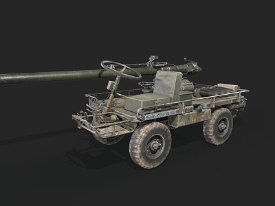 Military Wheeled Artillery Vehicle With Long Cannon And Green Camouflage Body 3d model
