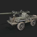 Military Wheeled Artillery Vehicle With Long Cannon And Green Camouflage Body