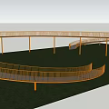 Curved Wooden Bridge Design on Green Grassland With Circular Structures and Railings