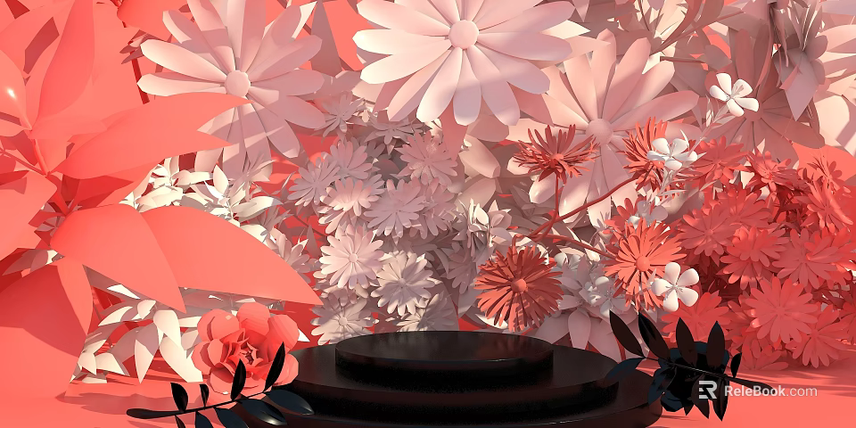 Pink And Red Paper Flowers Background With Black Circular Display Stand For Product Showcase 3d model 