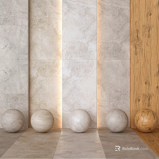 Decorative Stone Spherical Components With Marble Wall And Wooden Panel Background 3d model 