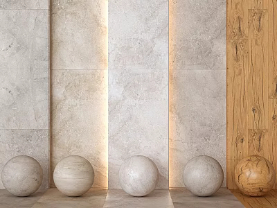 Decorative Stone Spherical Components With Marble Wall And Wooden Panel Background 3d model
