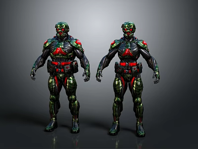 Futuristic Sci Fi Armor Characters With Green Red Suits And Two Figures 3d model