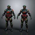 Futuristic Sci Fi Armor Characters With Green Red Suits And Two Figures
