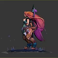 Fantasy Warrior Character With Long Pink Purple Hair Magic Staff And Glowing Crystal Effects
