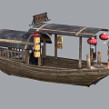 Traditional Wooden Boat With Canopy Chinese Signboard Red Lanterns And Paddler