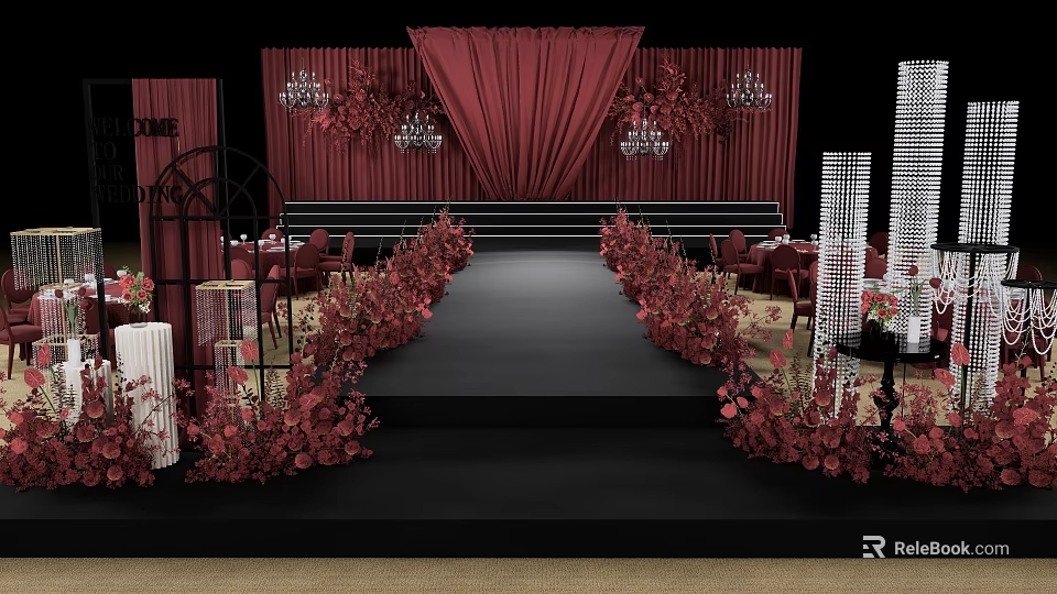Elegant Wedding Stage Setup With Red Curtains Floral Arrangements And Chandeliers 3d model 