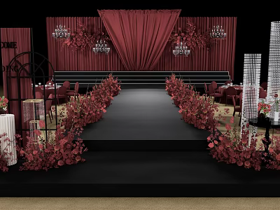Elegant Wedding Stage Setup With Red Curtains Floral Arrangements And Chandeliers 3d model