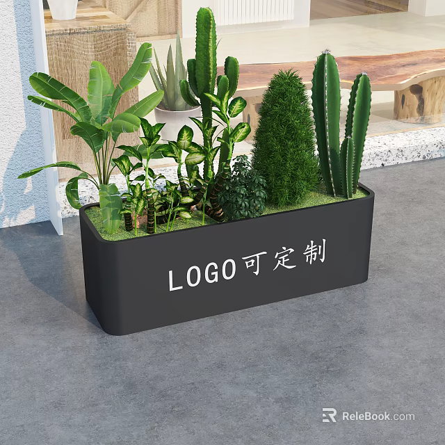 Modern Garden Planter Box With Various Green Plants And Customizable Logo Design 3d model 