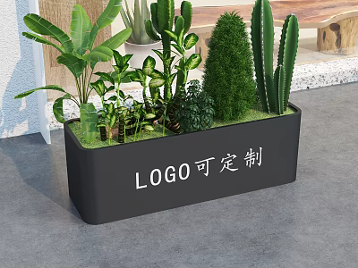 Modern Garden Planter Box With Various Green Plants And Customizable Logo Design 3d model