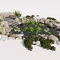 Garden Ornament Design Featuring Small Pond Water Lily Pads Decorative Stones and Greenery
