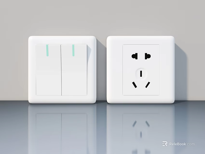 White Electrical Switches And Power Socket On Gray Wall With Reflective Surface 3d model 