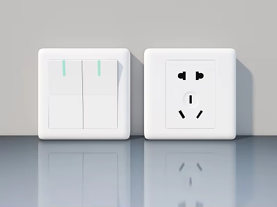 White Electrical Switches And Power Socket On Gray Wall With Reflective Surface 3d model