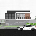 Modern Detached Villa Exterior With Glass Windows Brick Wall Green Plants And Parked Car