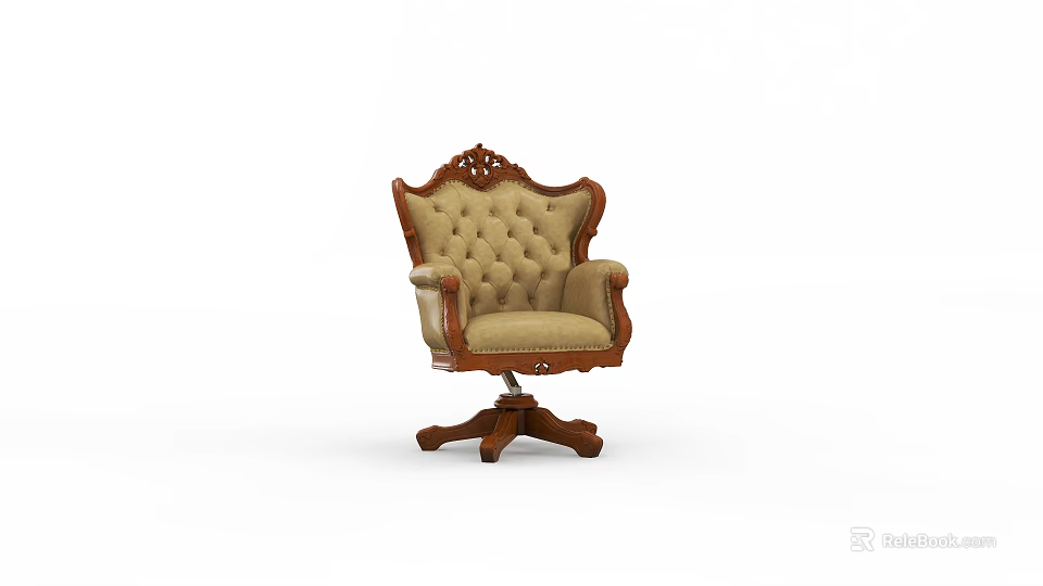Elegant Rocking Chair With Carved Backrest Armrests Beige Upholstery And Wooden Carved Base 3d model 