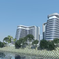 Modern Waterfront Office Buildings With Multiple Structures Green Roofs Surrounding Greenery Roads And Boats