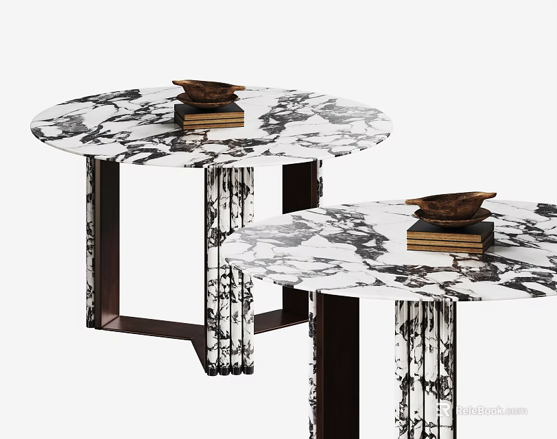 Round Black And White Veined Marble Dining Tables With Dark Legs And Wooden Tray Decor 3d model 