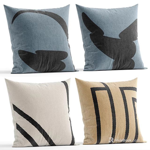 Four Decorative Throw Pillows With Unique Patterns And Colors 3d model