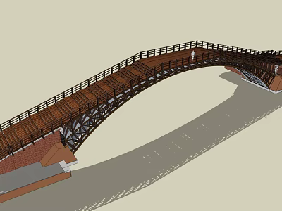 Arched Bridge with Wooden Deck Railings Metal Framework Stone Brick Foundations and Person Walking 3d model