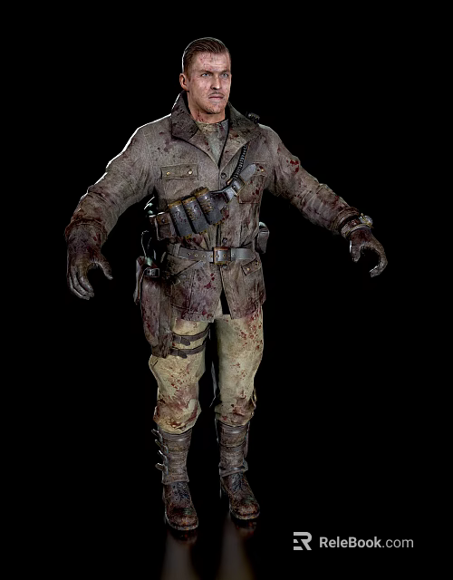 Man In Tattered Bloodstained Military Uniform With Tactical Gear And Distressed Look 3d model 