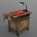Wooden Functional Workbench With Drawers Red Cloth Lamp Hammer And Stool