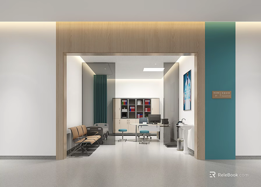 Modern Hospital Outpatient Clinic Interior With Waiting Area Seats Bookshelves Blue Walls And White Floor 3d model 