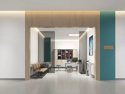Modern Hospital Outpatient Clinic Interior With Waiting Area Seats Bookshelves Blue Walls And White Floor 3d model