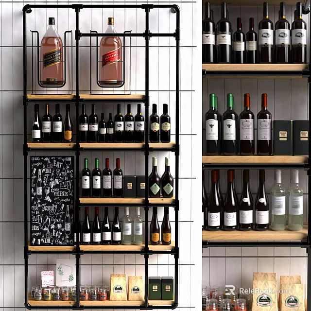 Stylish Wine Rack Display Featuring Various Wine Bottles And Glasses In Modern Interior Decor 3d model 
