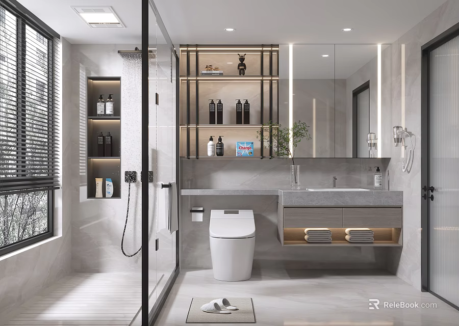 Modern Bathroom Interior With Glass Shower Toilet Vanity Mirror And Shelves 3d model 