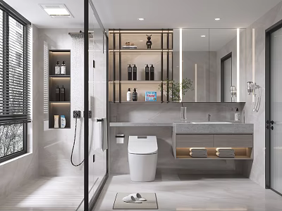 Modern Bathroom Interior With Glass Shower Toilet Vanity Mirror And Shelves 3d model