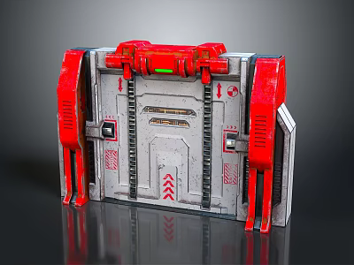3D Model Industrial Red Gray Mechanical Control Panel With Green Indicator Light And Symbols 3d model