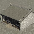 Traditional Ancient Building Featuring Stone Walls Wooden Railing Carved Doors Windows and Curved Eaves