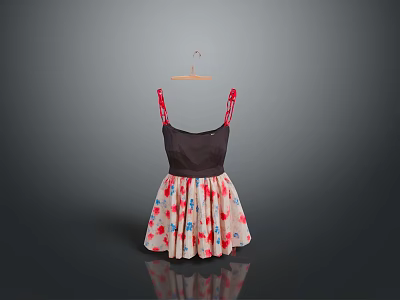 Stylish Women's Dress With Dark Top Red Straps And Light Floral Skirt 3d model