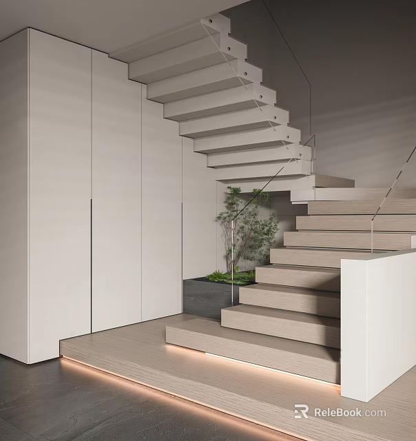 Modern Interior Staircase With Glass Railing Wooden Steps And Green Plant Decoration 3d model 